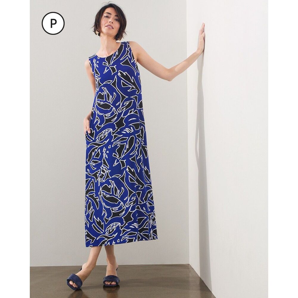 Chico's Cobalt Blue Leaf-Print Sleeveless Maxi Dress
